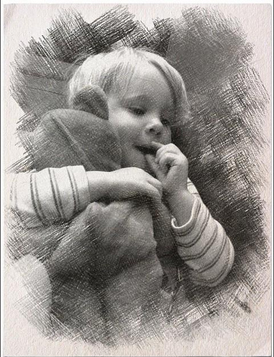 Photo of a little boy is turned into a graphite pencil sketch