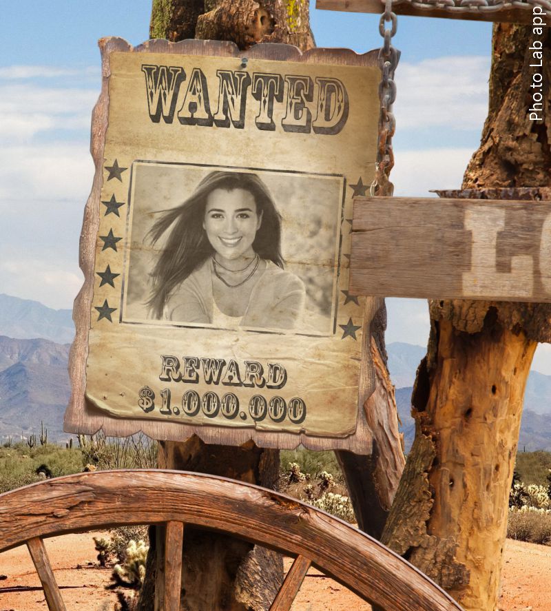 Wanted poster template was added to a photo of young attractive girl