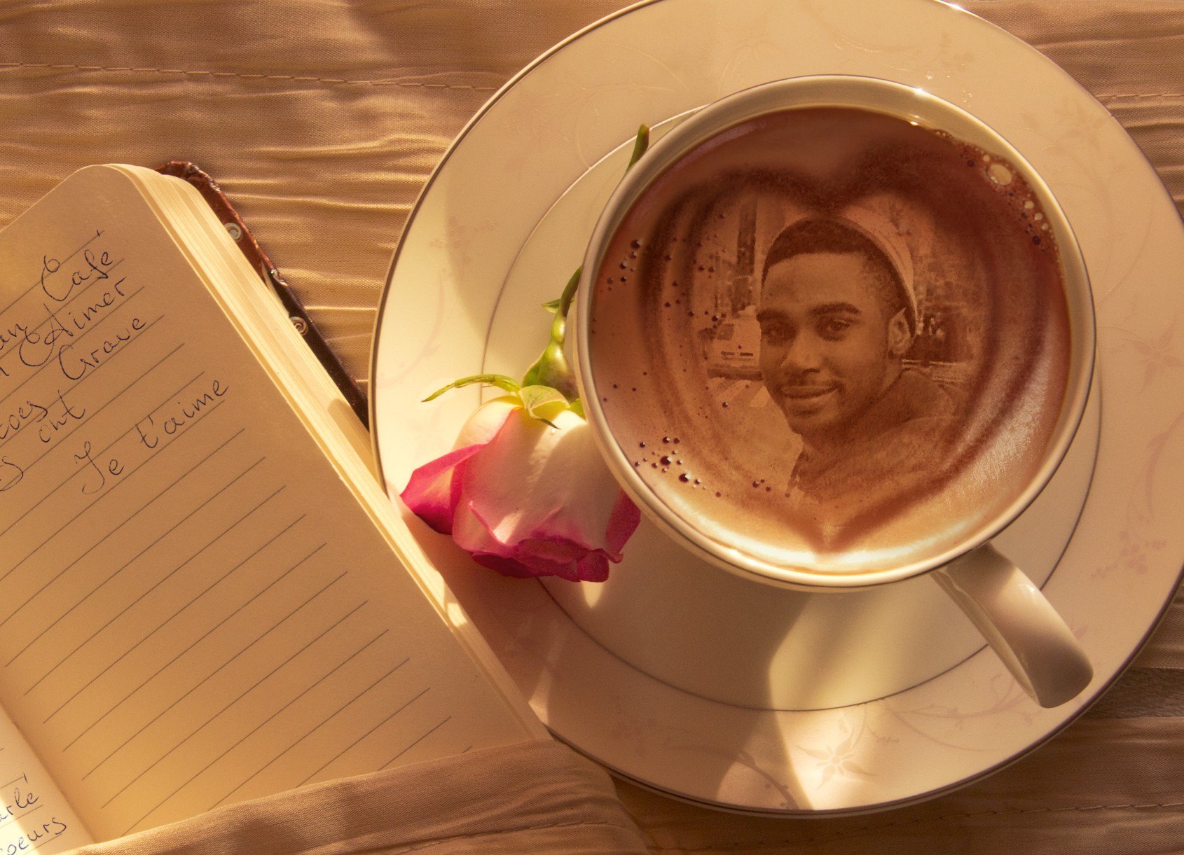 Fantastic photo effect: portrait in a cup of coffee