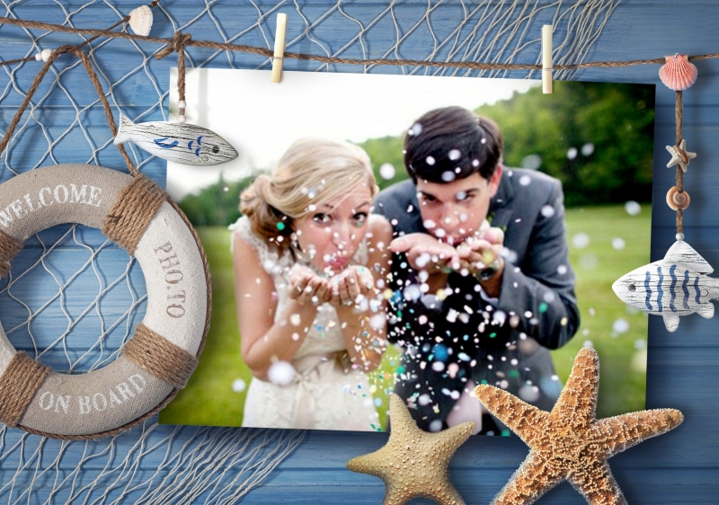 Wedding photo in nautical-styled photo frame.