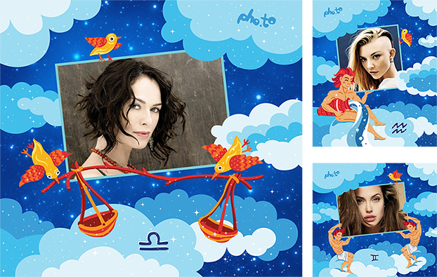 Free Zodiac photo greeting cards applied photos of famous actors born under the constellations of air signs: Lena Headey, Angelina Jolie and Natalie Dormer.