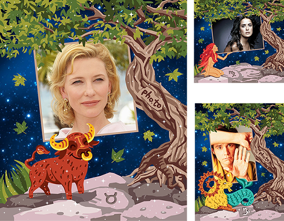 Free Zodiac photo frames added to photos of famous actors born under the constellations of earth signs: Cate Blanchett, Jim Carrey and Salma Hayek.