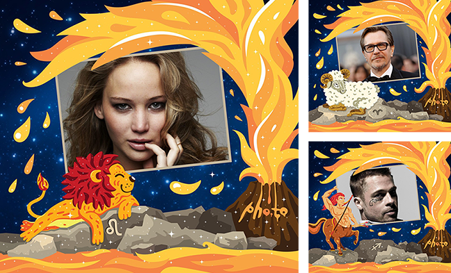 Zodiac photo cards with photos of famous actors born under the constellations of fire signs: Jennifer Lawrence, Gary Oldman and Brad Pitt