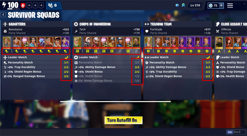 The Survivor Squads section in the Fortnite Save the World interface.