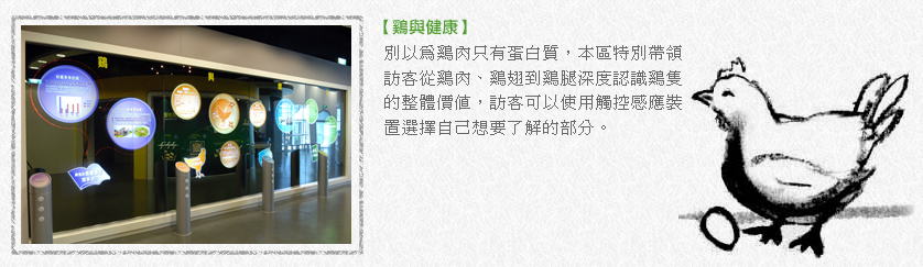 別以為雞肉只有蛋白質，本區特別帶領訪客從雞肉、雞翅到雞腿，深度認識雞隻的整體價值，訪客可以使用觸控感應裝置，選擇自己想要了解的部份。