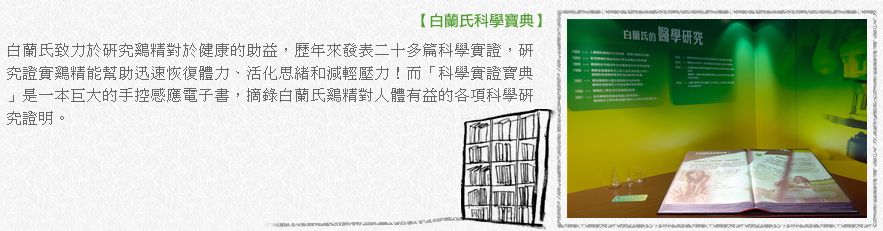 白蘭氏致力於研究雞精對於健康的助益，歷年來發表20多篇科學實證，研究證實雞精能幫助迅速恢復體力、活化思緒和減輕壓力！而「科學實證寶典」是一本句大的手控感應電子書，摘錄白蘭氏雞精對人體有益的各項科學研究證明。