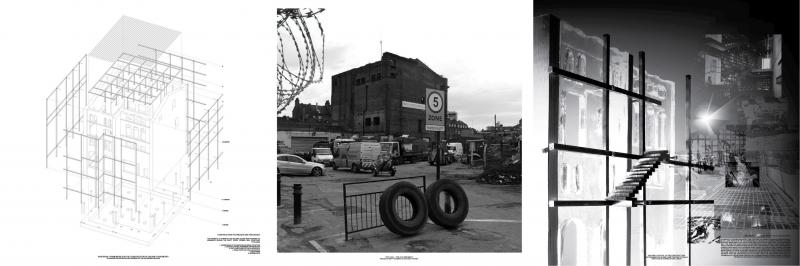 An empty corner and empty brewery building in southwest Hackney become the framework for the construction of lost pieces of Hackney. Sorting yards, workshops, a library and hall aggregate both in psychically and temporally to form a school of construction. 