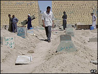 Iraqis walk through a football field turned into a makeshift cemetery in Falluja