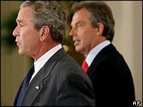 President Bush and UK Prime Minister Tony Blair at a joint news conference in Washington, 7 June 2005