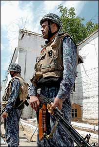 Uzbek special forces soldiers guard the prison in Andijan, Uzbekistan