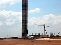 Tower at the pulp mill being built by the Finnish company Botnia