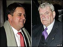 Nick Griffin (l) and David Irving following the debate