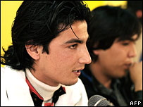 Afghan Star winner Rafi Naabzada (L) and runner-up Hameed Sakhizada in Kabul on 11 March