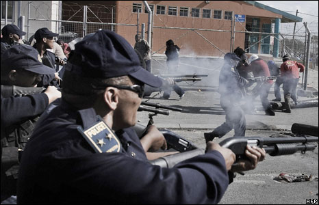 Policemen in South Africa firing rubber bullets