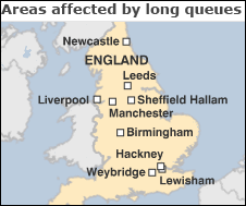 Areas affected by long queues