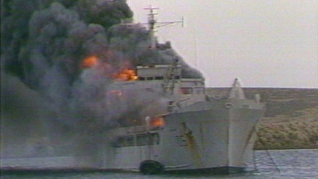 RFA Sir Galahad ablaze at Bluff Cove