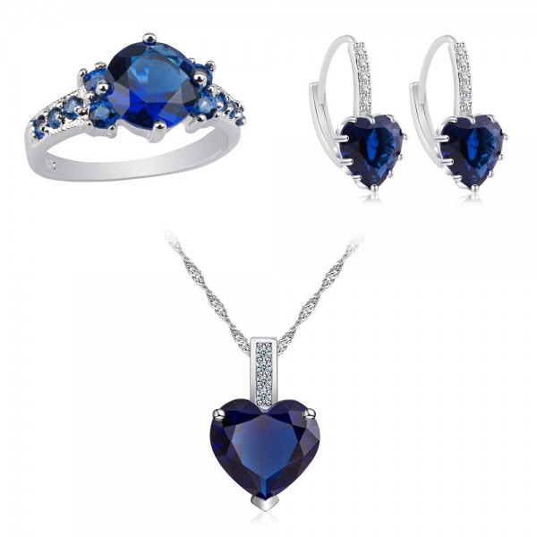 7.33 CARAT Blue Lab-Created Sapphire Rhodium Plated Tri-Set