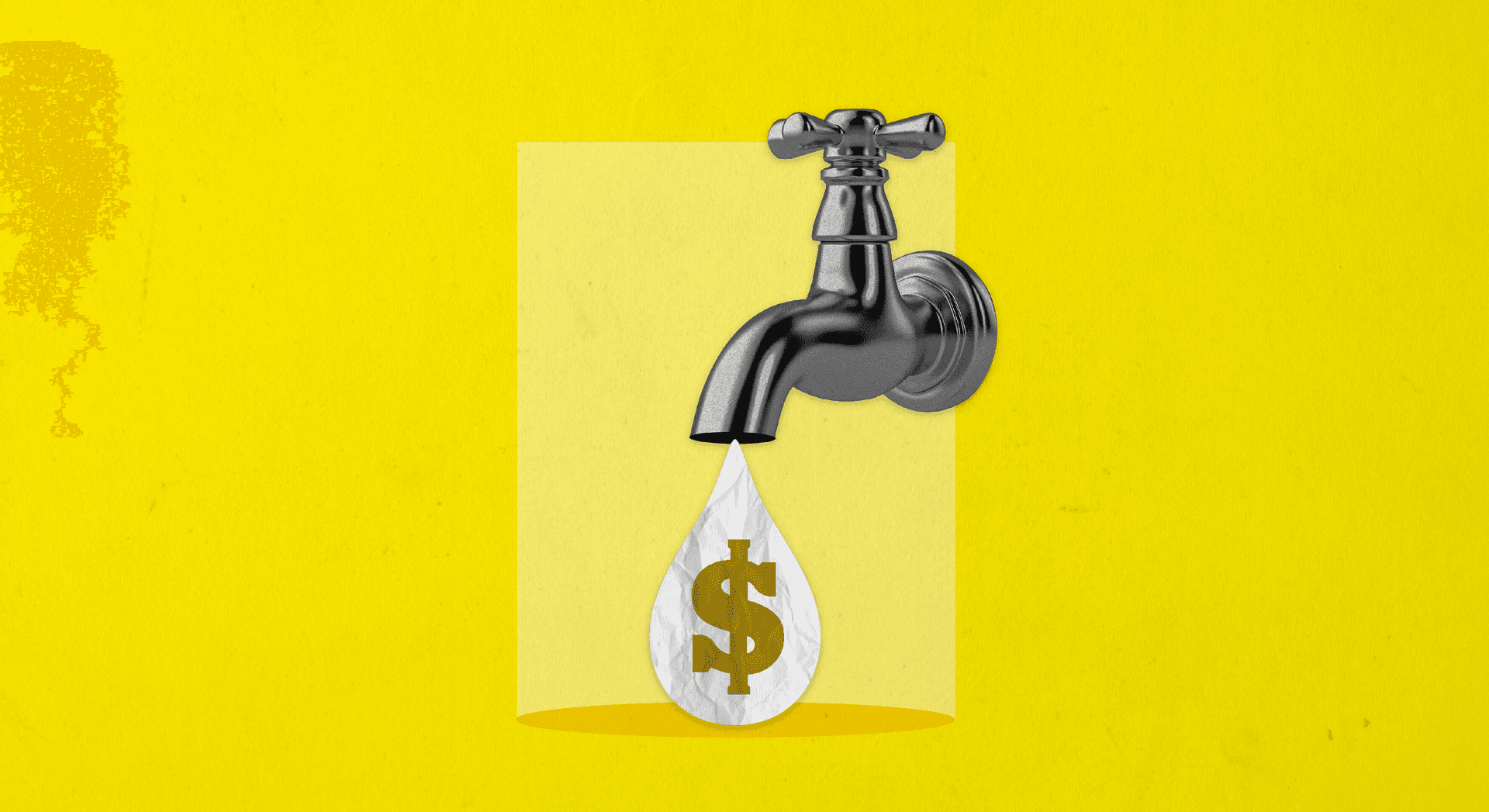 A collage of a silver tap on a yellow background. A white water drip emerges from the tap with a dollar sign on.