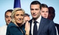 FILE - Leader of the French far-right National Rally Marine Le Pen, left, and lead candidate of the party for the upcoming European election Jordan Bardella during a political meeting on June 2, 2024 in Paris. Jordan Bardella, Le Pen's 28-year-old protégé who she'd been hoping to install as prime minister, grumbled that "the alliance of dishonor" between the National Rally's rivals kept it from power. (AP Photo/Thomas Padilla, File)