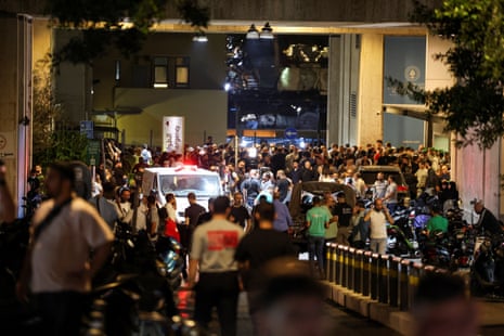 People gather outside American University of Beirut Medical Center (AUBMC) as more than 1,000 people, including Hezbollah fighters and medics, were wounded when the pagers they use to communicate exploded across Lebanon, according to a security source, in Beirut, Lebanon 17 September 2024.