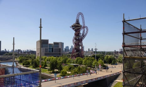 A view of the ArcelorMittal Orbit tower from Sadlers Wells East construction site in 2022.