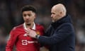 Erik Ten Hag embraces Jadon Sancho after the EFL Carabao Cup Final between Manchester United and Newcastle United