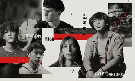 A growing cadre of teens are stepping up to educate their peers on the dangers of fentanyl. Kyle Santoro (far right) is seen with actors in his film Fentanyl High (Left to right: Chance Sojbeck, Ryan Lin, Ashton Ross, Anna Stubstad). Illustration: Alex Cochran/The Guardian