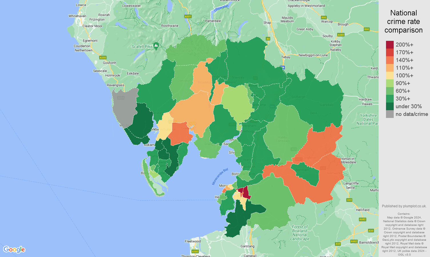 Lancaster burglary crime rate comparison map