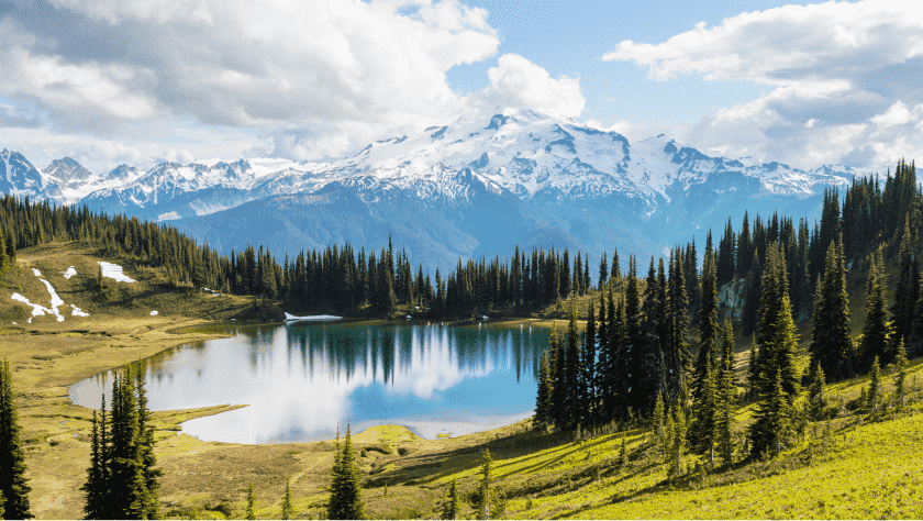 Lake in the centre of a Swiss landscape surrounded by mountains, trees, and snow-capped mountains