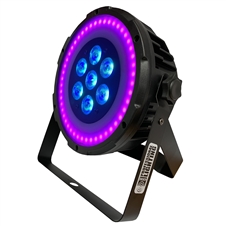 Ultra Bright LED FlatPar 7x10 Watt Hex RGBAW SlimPar Light w/FX Ring & Remote Control - Up-Lighting - Stage Lights - Adkins Professional Lighting