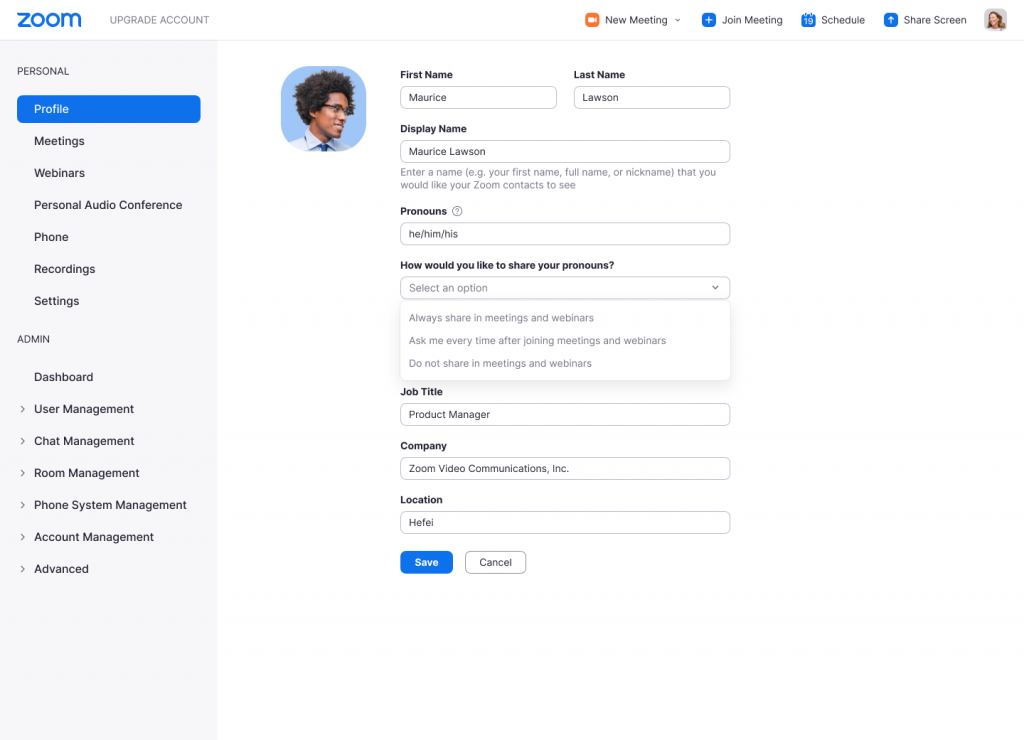 Zoom settings page showing the pronoun sharing options