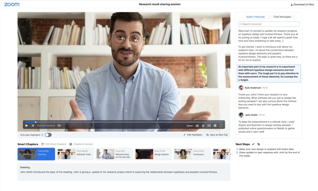 screenshot of zoom meeting recording showing smart chapter overviews.
