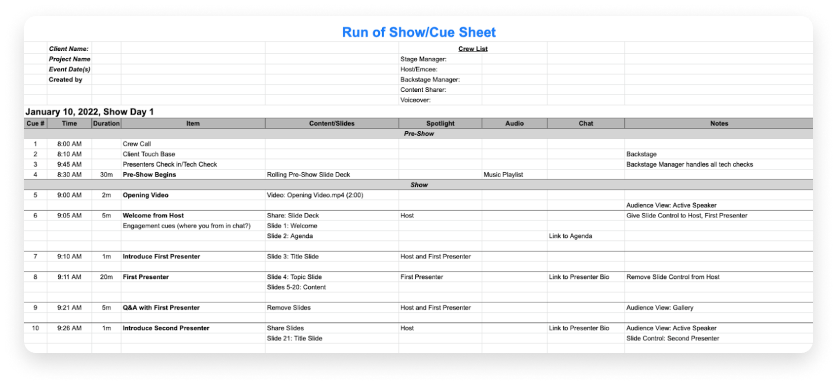 Virtual Event Run of Show Template